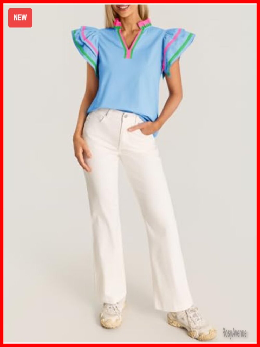 Ruffle Cap Sleeve Color Block V Neck Blouse Summer Pleated Loose Fit Tunic Top - Picture 6 of 6